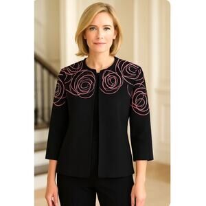 Ming Wang Small Black Jacket Pink Embroidery Floral Small Cardigan Classy Work